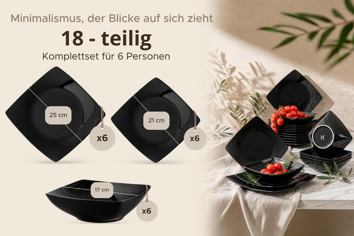 TAFELSERVICE EPIRI 6 Personen 18-tlg - Schwarz Hochglanz, Keramik (25/2/25cm) - KONSIMO®