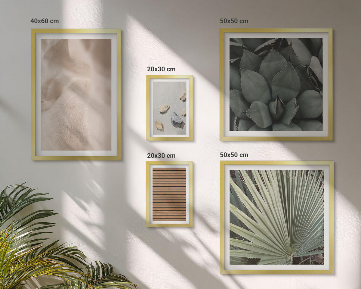 WANDBILDER 5er Set - 50x50 cm & 20x30 cm & 40x60 cm Goldrahmen - Steine, Holz, Stofftexturen - Goldfarben, Kunststoff (40/60cm) - ArtPrintCave