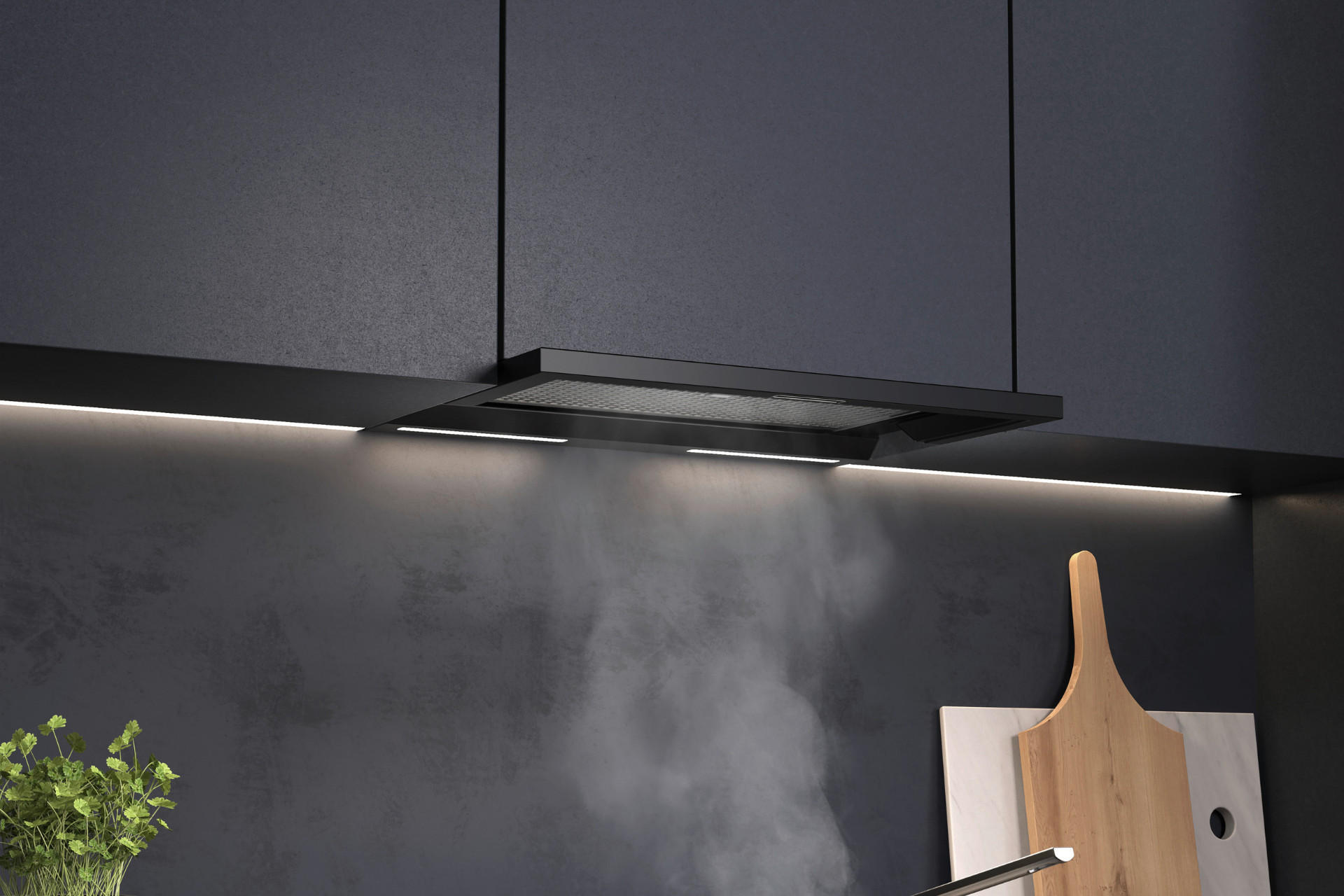Moderner, schwarzer und flacher Dunstabzug mit integrierter LED-Leiste