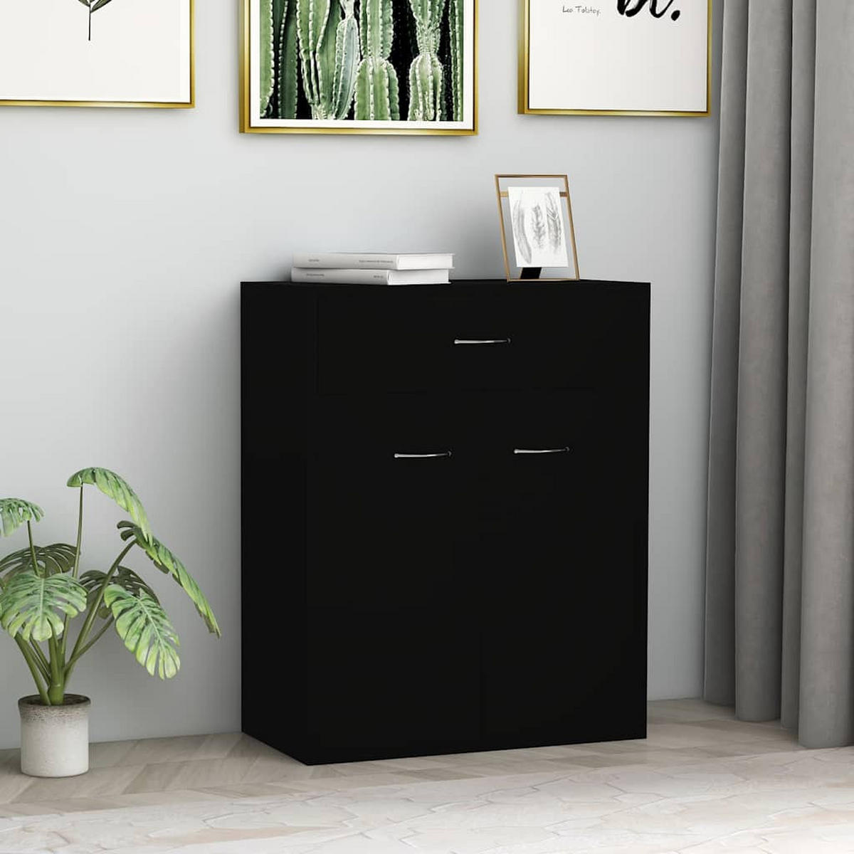 SIDEBOARD mit Schublade und Schrank mit Türen, 60/30/75 cm, aus Holzwerkstoff, in Schwarz - Schwarz/Grau, Holz/Metall (60/75/30cm) - vidaXL