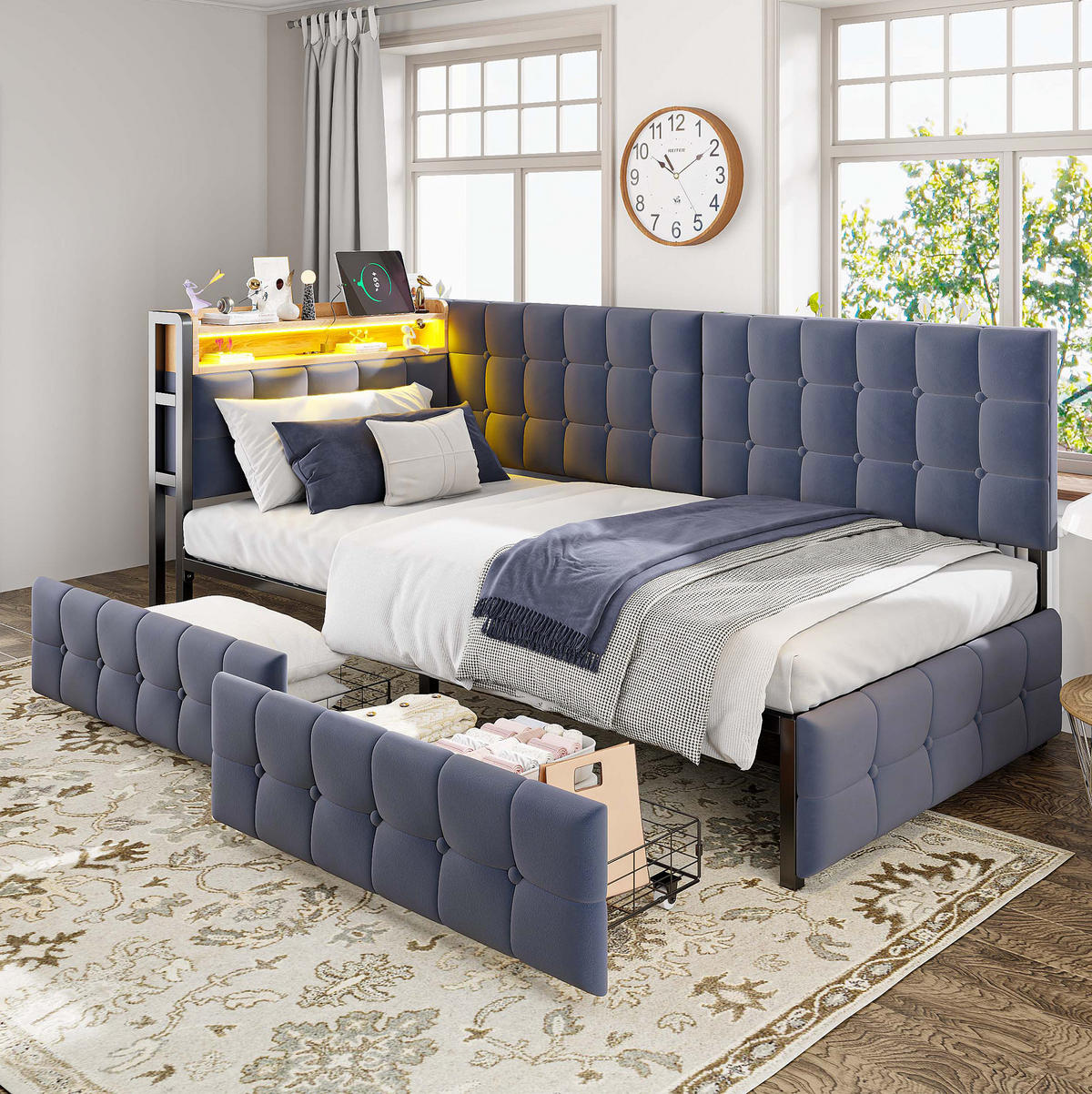 POLSTERBETT 90/200 cm Grau mit 2 Schubladen und LED-Beleuchtung - Grau, Textil (90/200cm) - Flora Grace