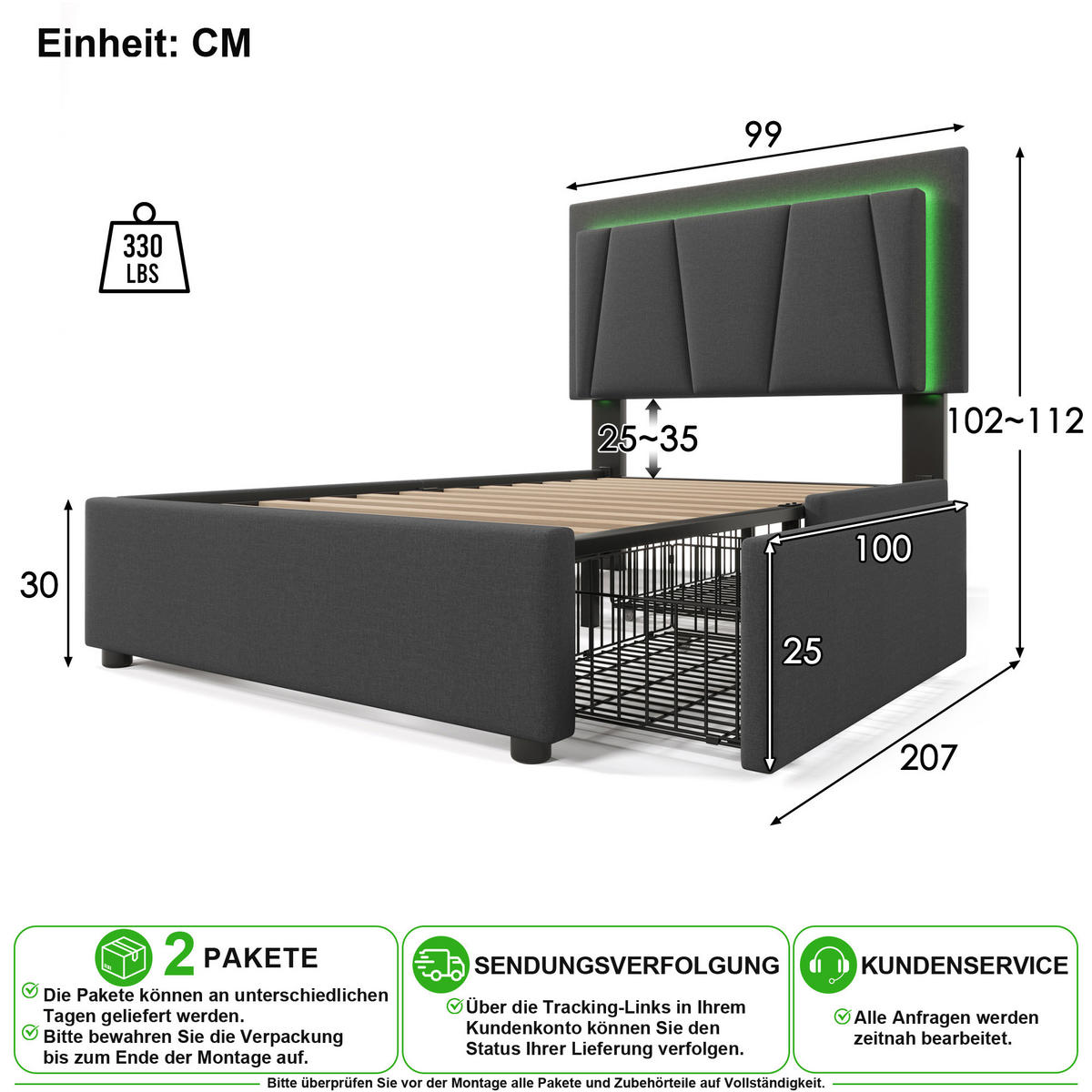 POLSTERBETT 90/200 cm in Grau mit 2 Schubladen und LED Leinen - Grau, Holzwerkstoff/Textil (90/200cm) - CHICFURN