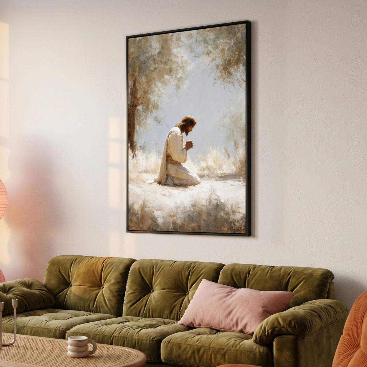 LEINWAND Bilder mit Rahmen - Jesus - Kniend - Waldlandschaft - Betend - 80x120 - Beige, Textil (80/120cm) - MuchoWow