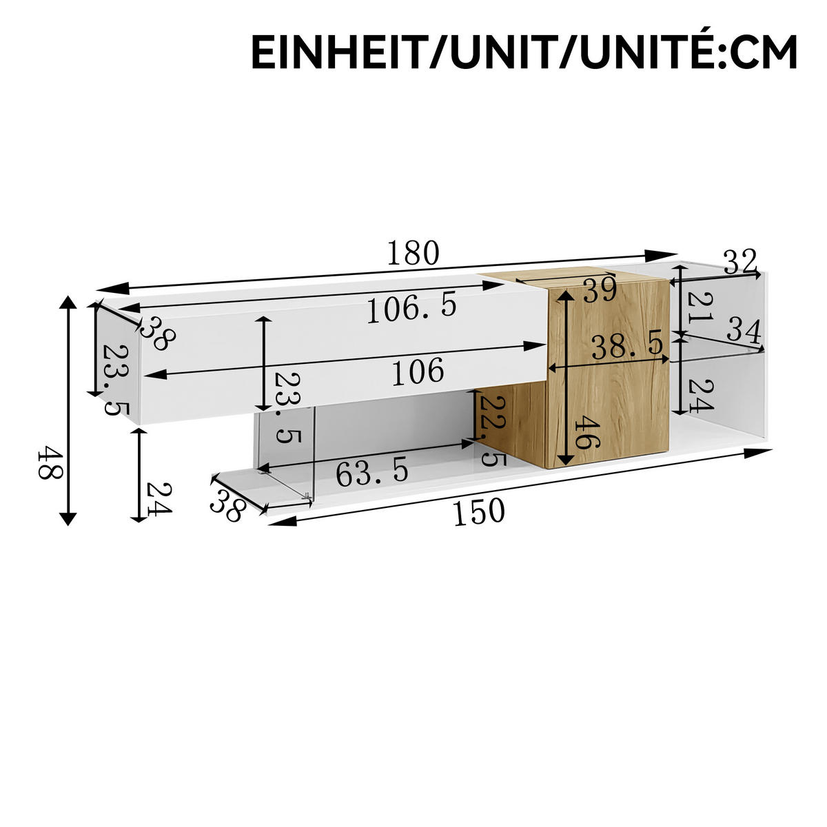 TV-KOMMODE in Hochglanz Weiß mit Holzoptik und Glasregalen 180/38/48 cm - Weiß, Holzwerkstoff (180/48/38cm) - Redom