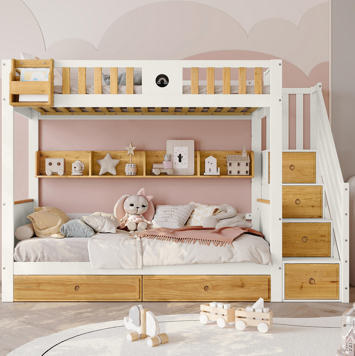 ETAGENBETT aus Kiefer und MDF 90x200 cm Weiß/Natur mit Stauraumtreppe, 2 Schubladen und Fallschutzgitter - Weiß, Holzwerkstoff (90/200cm) - Modfu