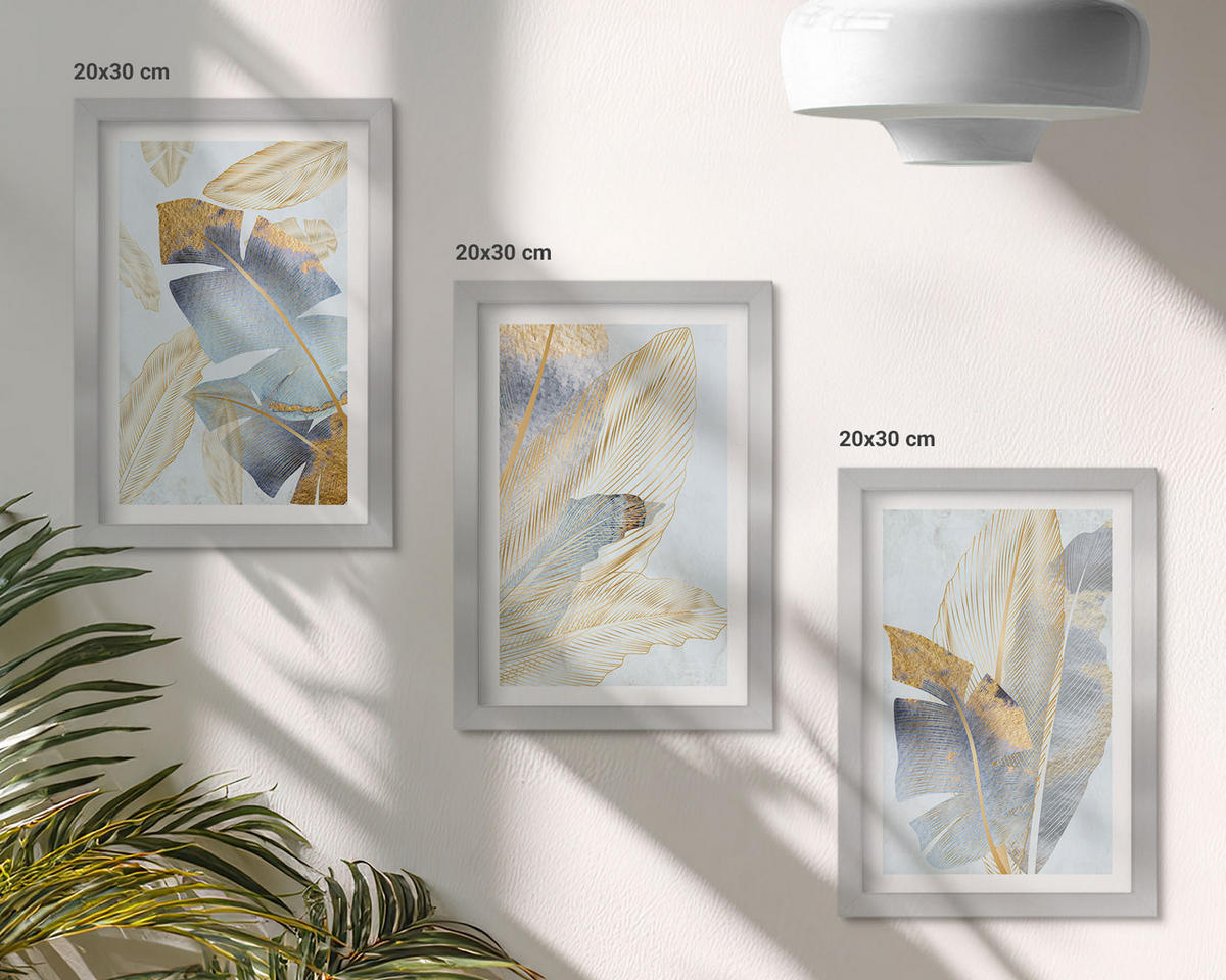 BILDER SET 3er Set - 20x30 cm Silberner Rahmen - Hellblau-beige Blätter - Silberfarben, Kunststoff (20/30cm) - TULUP