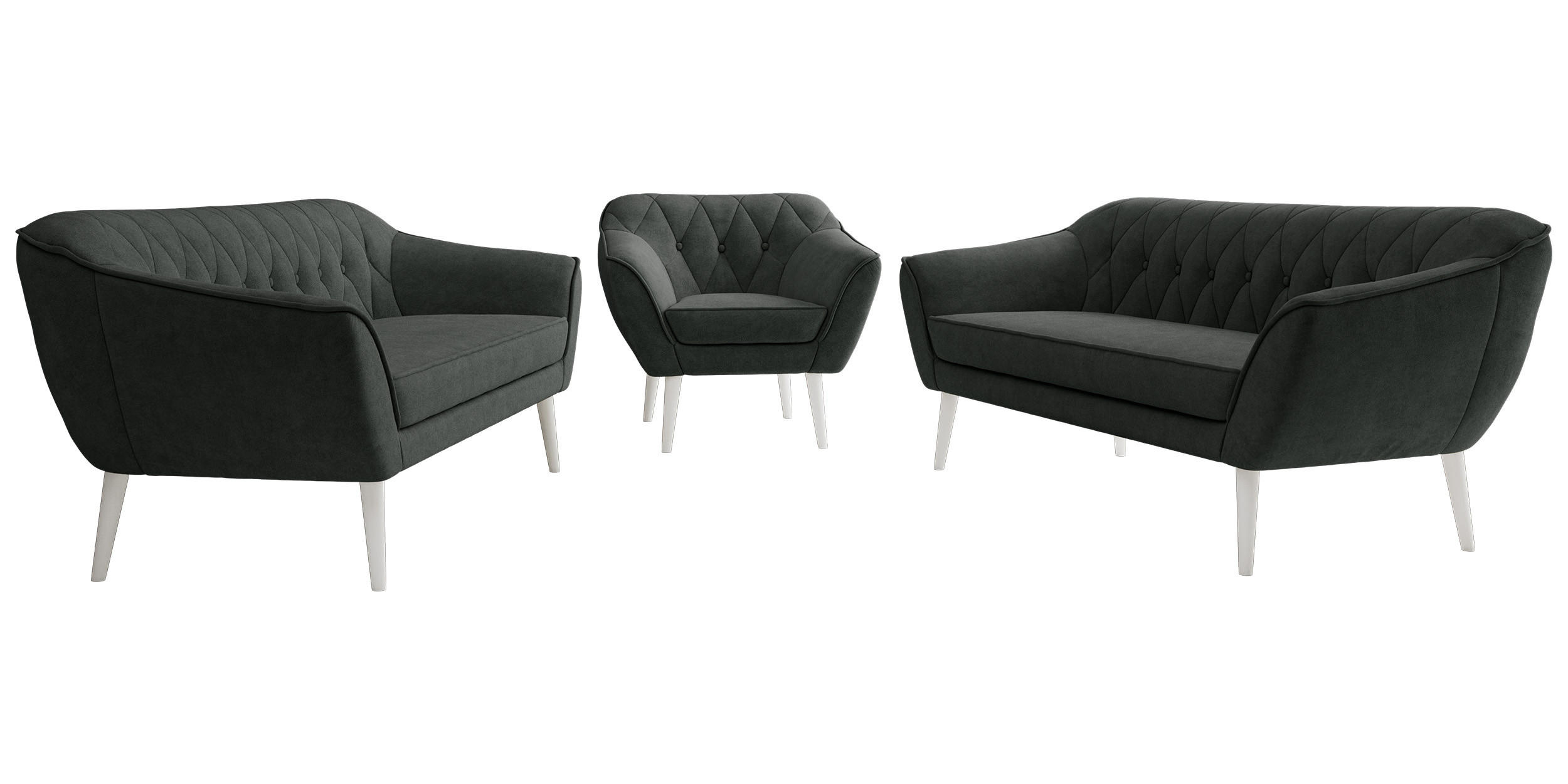 SITZGARNITUR PIRS 3+3+1 - Dunkelgrau Strukture - Weiße Beine - Dunkelgrau/Graphitfarben, Holzwerkstoff/Textil (180/75/74cm) - MKS