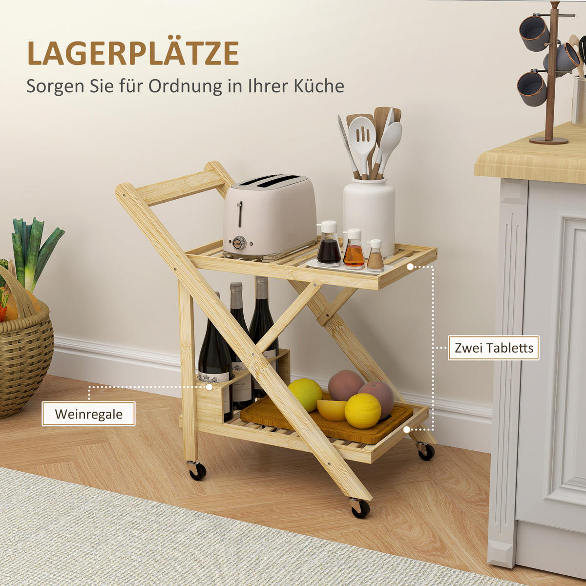 KÜCHENWAGEN mit Weinregal, 66 x 40 x 70 cm, Natur - Naturfarben, Naturmaterialien (66/70/40cm) - HOMCOM