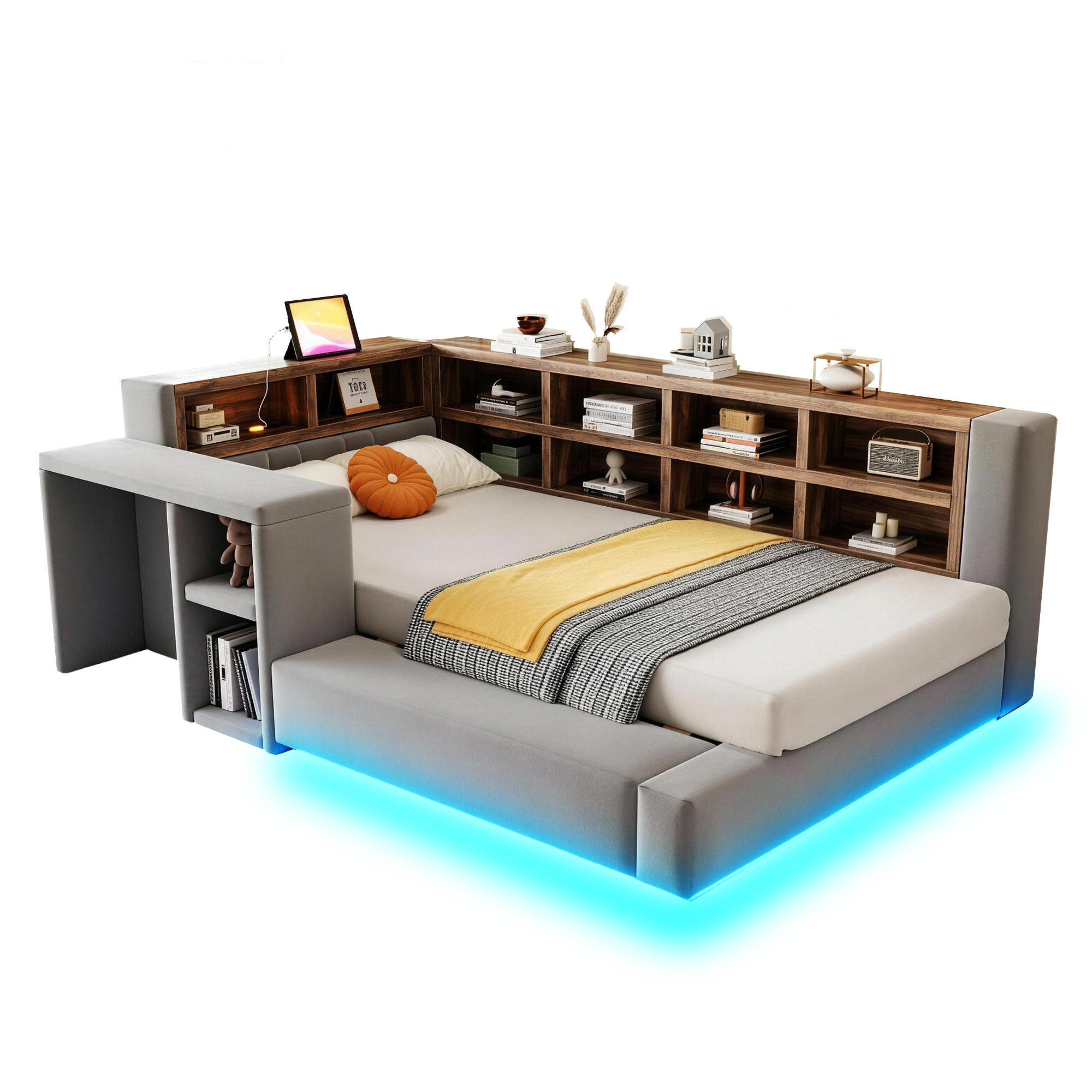 POLSTERBETT 90/200 cm in Dunkelgrau Samt mit Stauraum, LED, Steckdosen und Beistelltisch - Grau, Holzwerkstoff/Textil (90/200cm) - STILVORA