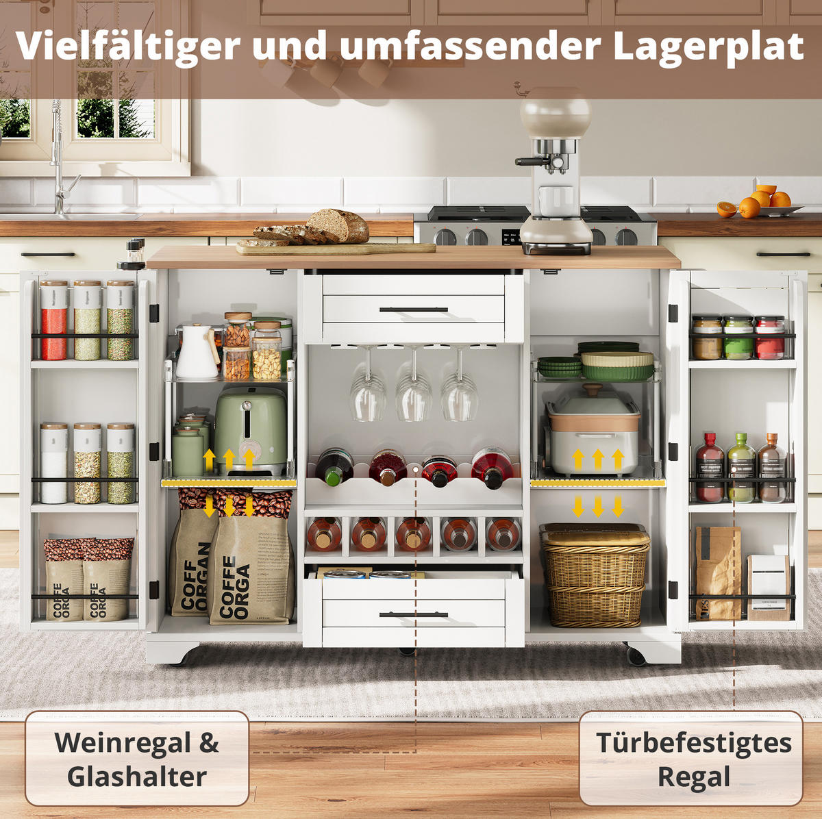 KÜCHENINSEL 138/45(70)/92 cm mit klappbarer Arbeitsplatte, Weinregal, Glashalter und Rollen, Weiß/Natur - Weiß, Holzwerkstoff (138/92/70cm) - Redom