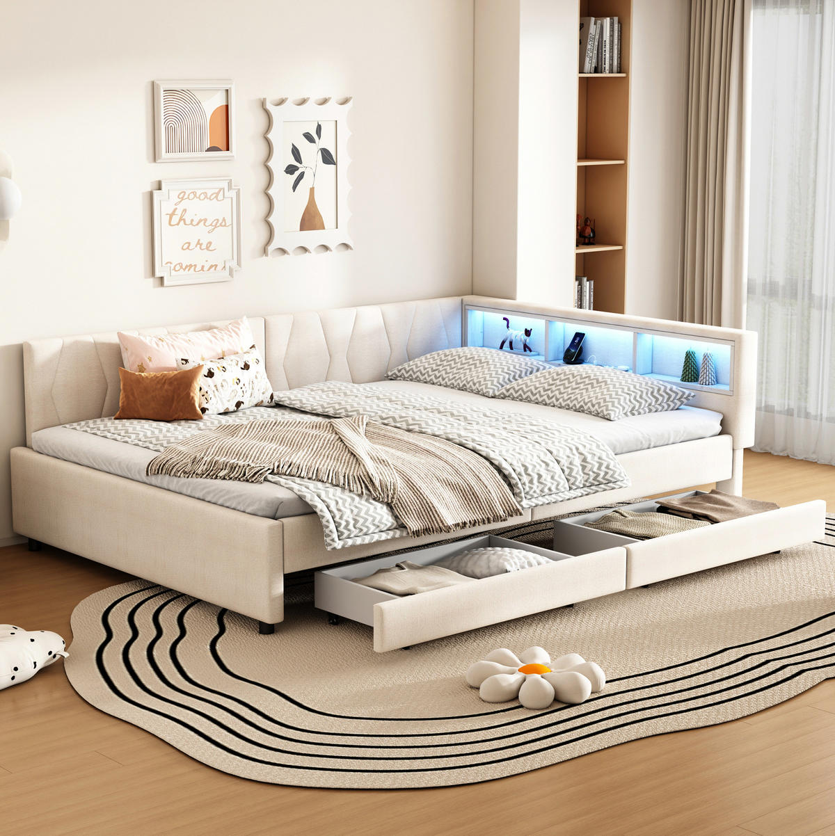 POLSTERBETT 140/200 cm Beige aus Leinen und MDF mit LED-Beleuchtung und Stauraum - Beige, Textil (140/200cm) - OKMYHOME