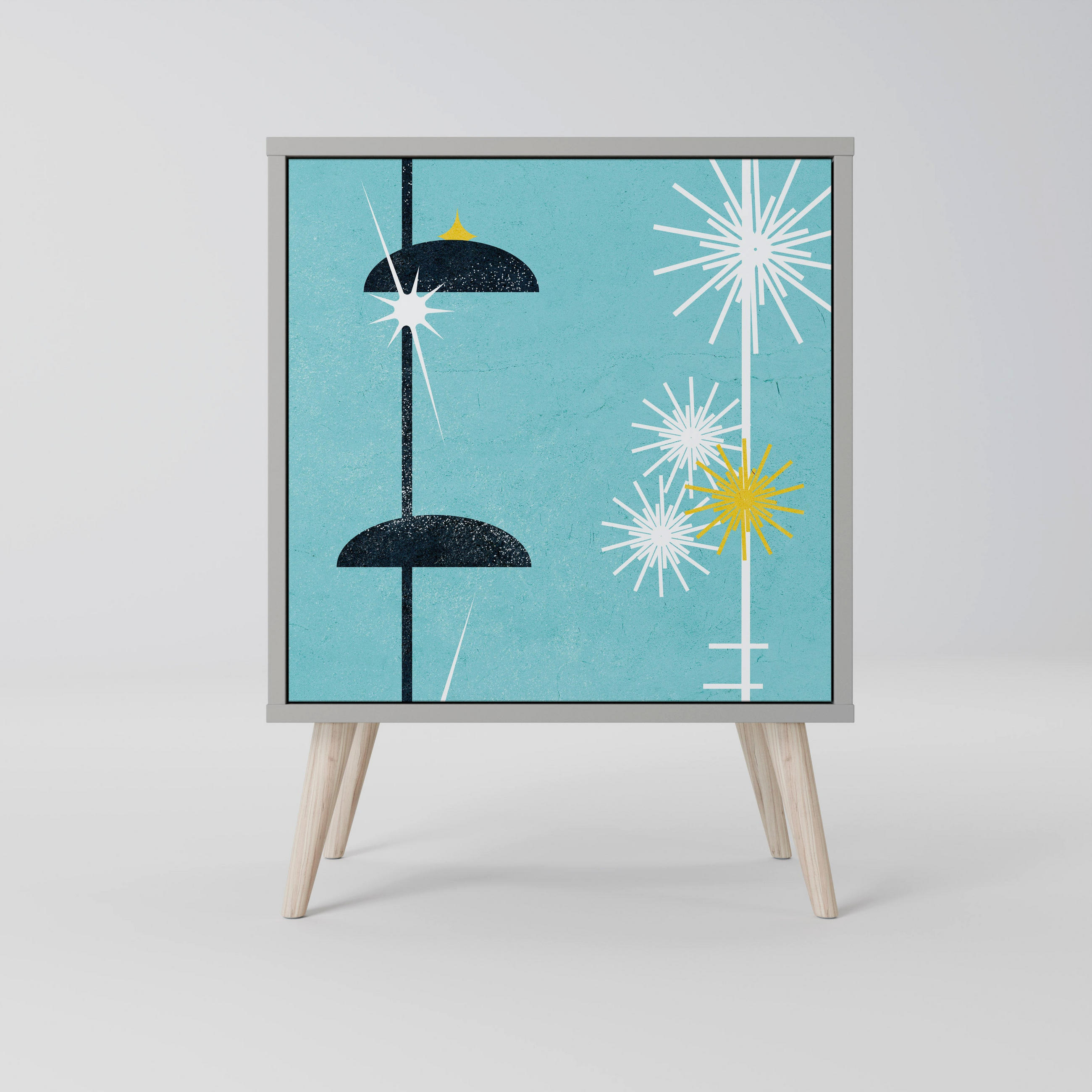 SIDEBOARD PATHS TO HAPPINESS, Grau, 57,5x42x77,5 cm, Schräge Buchenholzfüße - Buchefarben/Multicolor, Holzwerkstoff/Buchenholz (57.5/77.5/42cm) - SpaceRebels