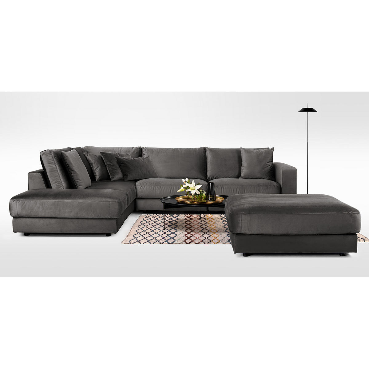 POLSTERHOCKER - Samt - Dunkelgrau/Schwarz, Textil/Metall (112/42/112cm) - home24