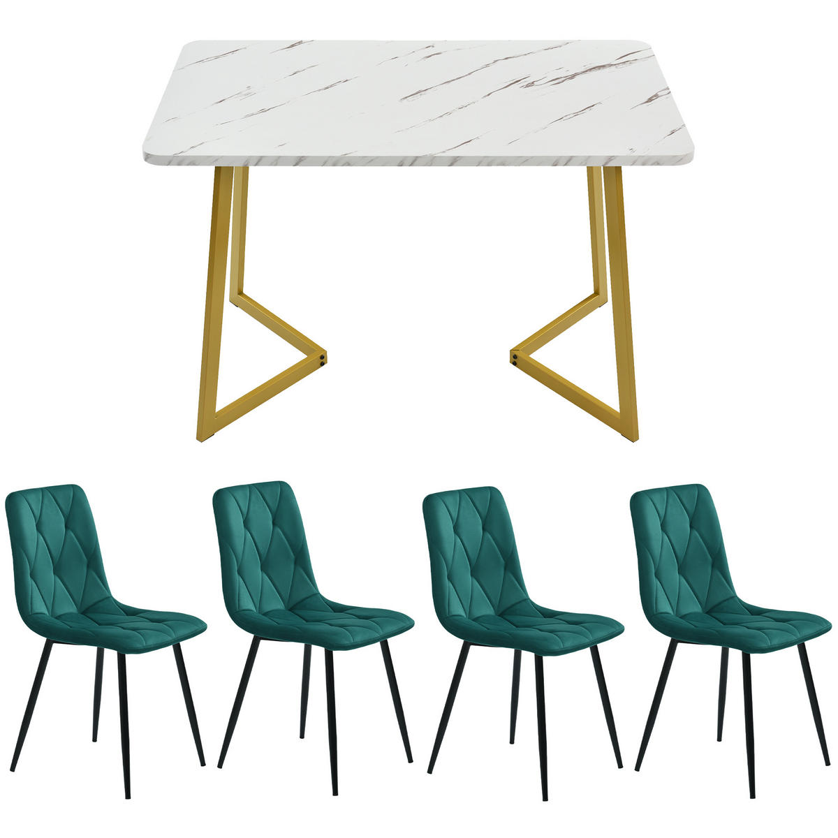ESSTISCHSET 117x68 Cm Mit 4 Stühlen, Rechteckig, Dunkelgrün Twill, Gold - Grün, Holzwerkstoff (117/75/68cm) - FLIEKS