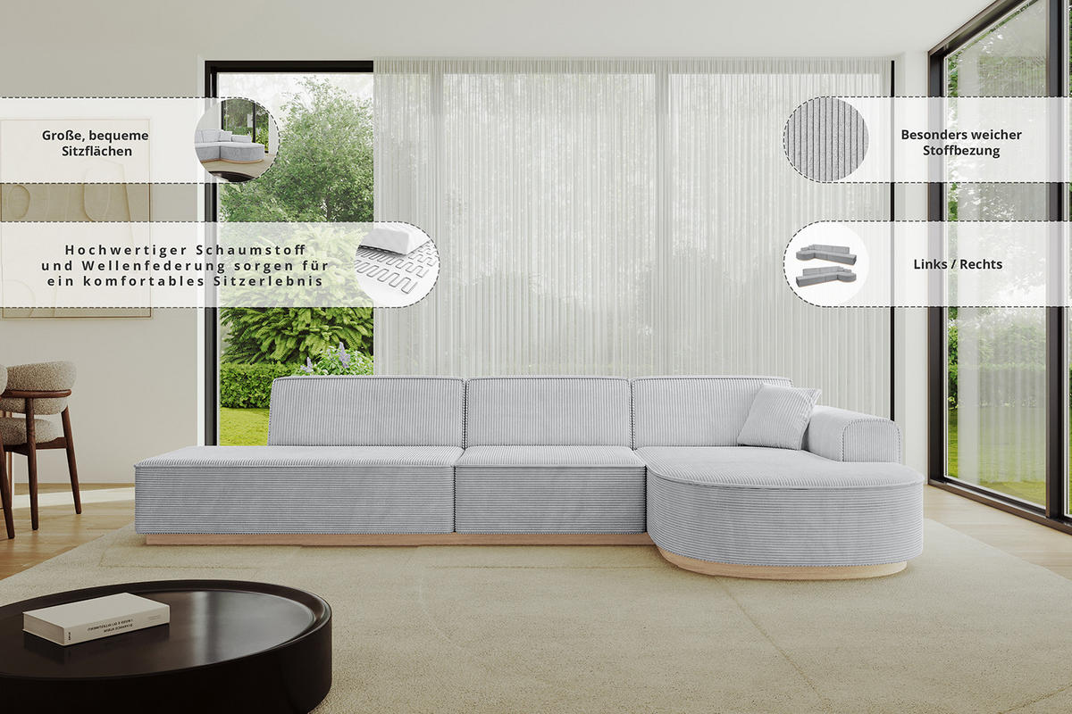 ECKSOFA Ottomane Rechts ARRIO-L2 - 328x171x83 cm Weiß - Weiß, Holzwerkstoff/Textil (328/171cm) - ALTDECOR