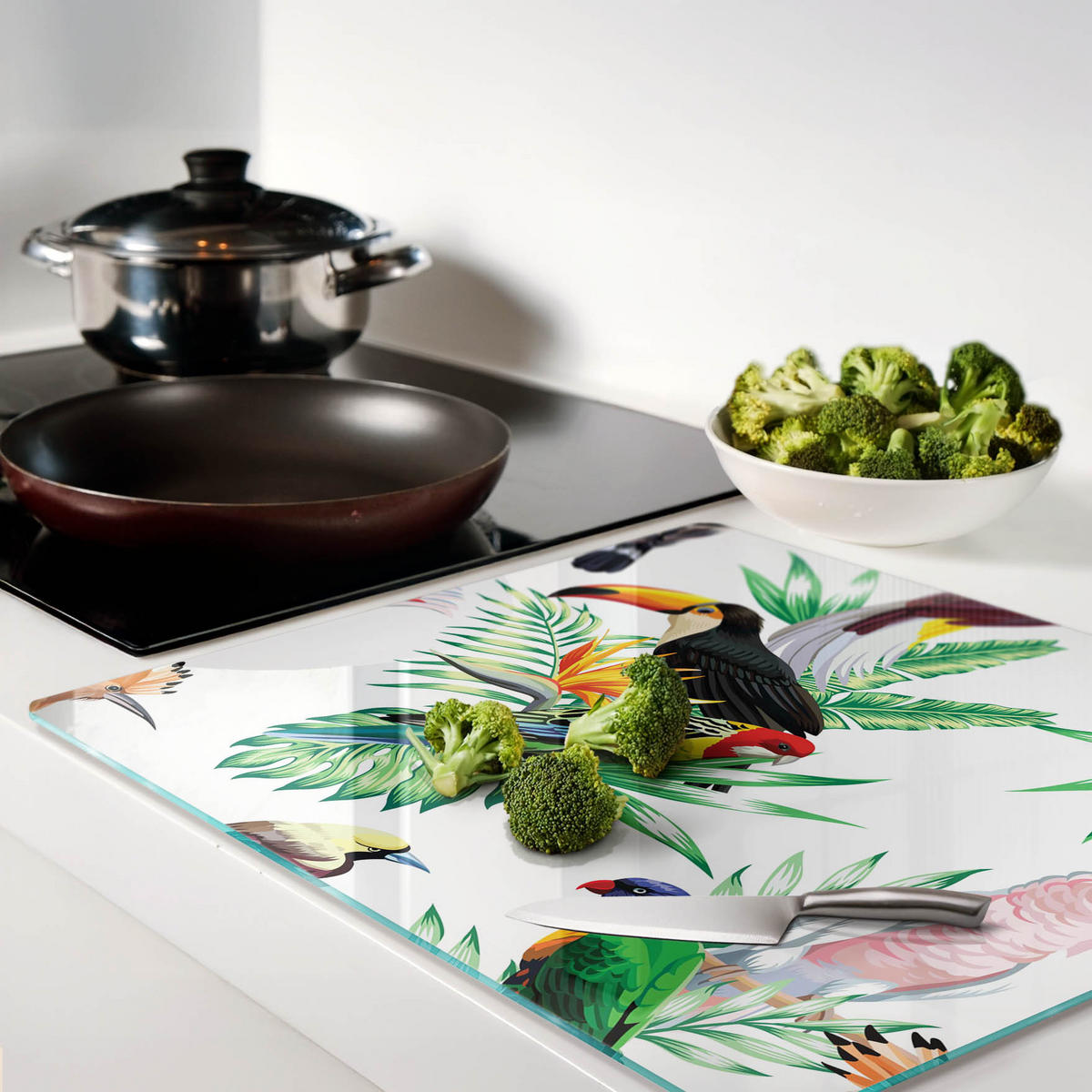 GLASPLATTE 60x52 cm Tropische Vögel - Schwarz/Braun, Glas (60/0.4/52cm) - TULUP