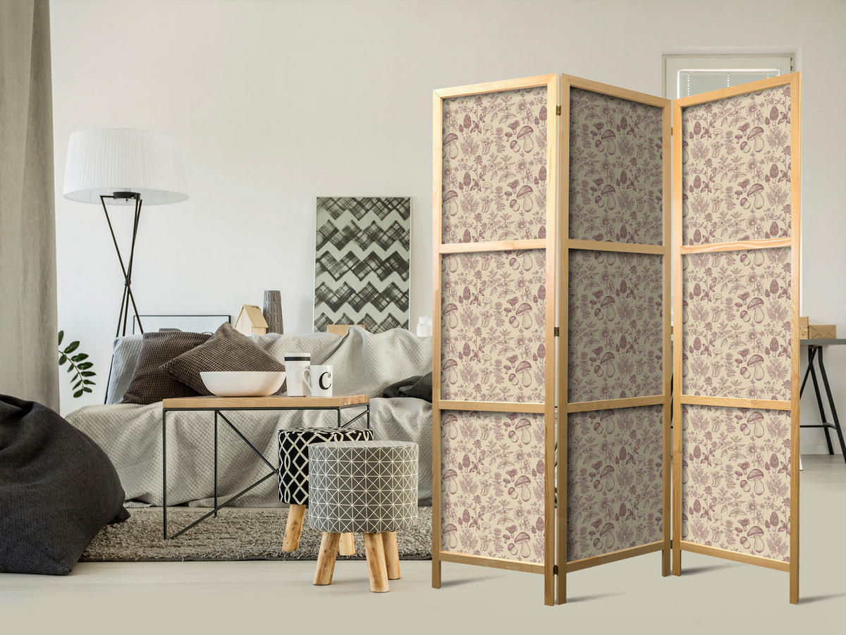 PARAVENT Japanischer 3-tlg 135x172 cm Pilze Und Pflanzen - Braun, Holz/Textil (135/172/3cm) - Muralo