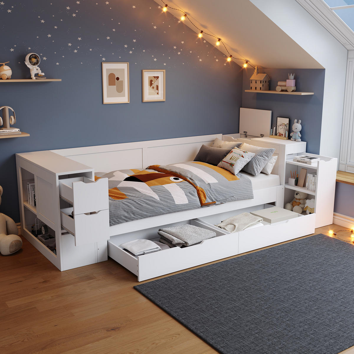 DETSKÁ posteľ 90/190 cm biela s úložným priestorom a zásuvkami z MDF - biela, kompozitné drevo (90/190cm) - OKWISH
