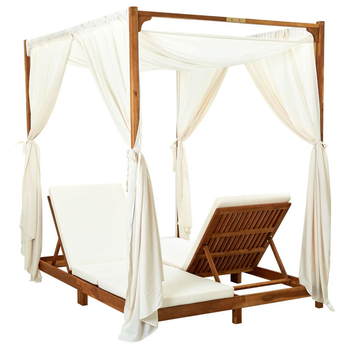 DOPPEL-SONNENLIEGE mit Vorhängen und Auflagen Akazie Massivholz - Creme, Holz (200/200/148cm) - furnicato