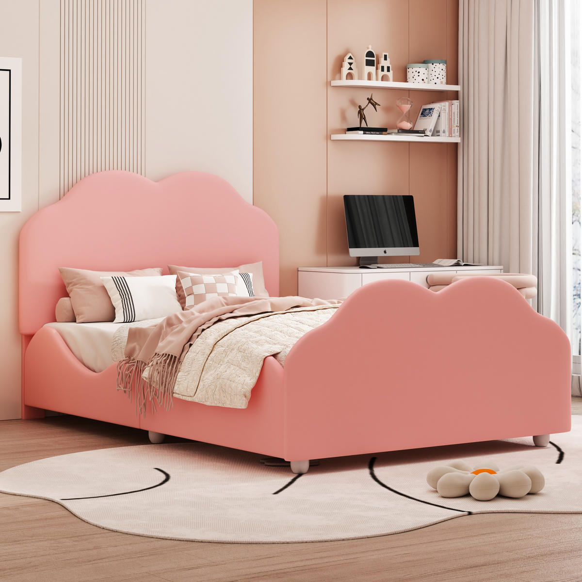 POLSTERBETT 90/200 cm rosa hohes Geländer-Kinderbett mit Wolkenkopf- und Fußteil - Pink, Textil (90/200cm) - OKWISH