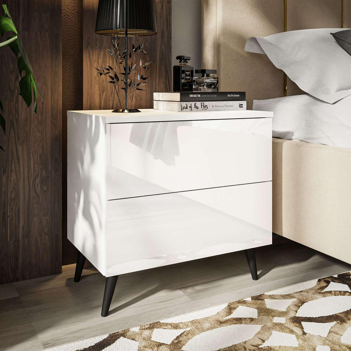 NACHTTISCH AURA PUSH OPEN mit schwarzen Beinen - Weiß, Holzwerkstoff (55/54/37cm) - Lookway