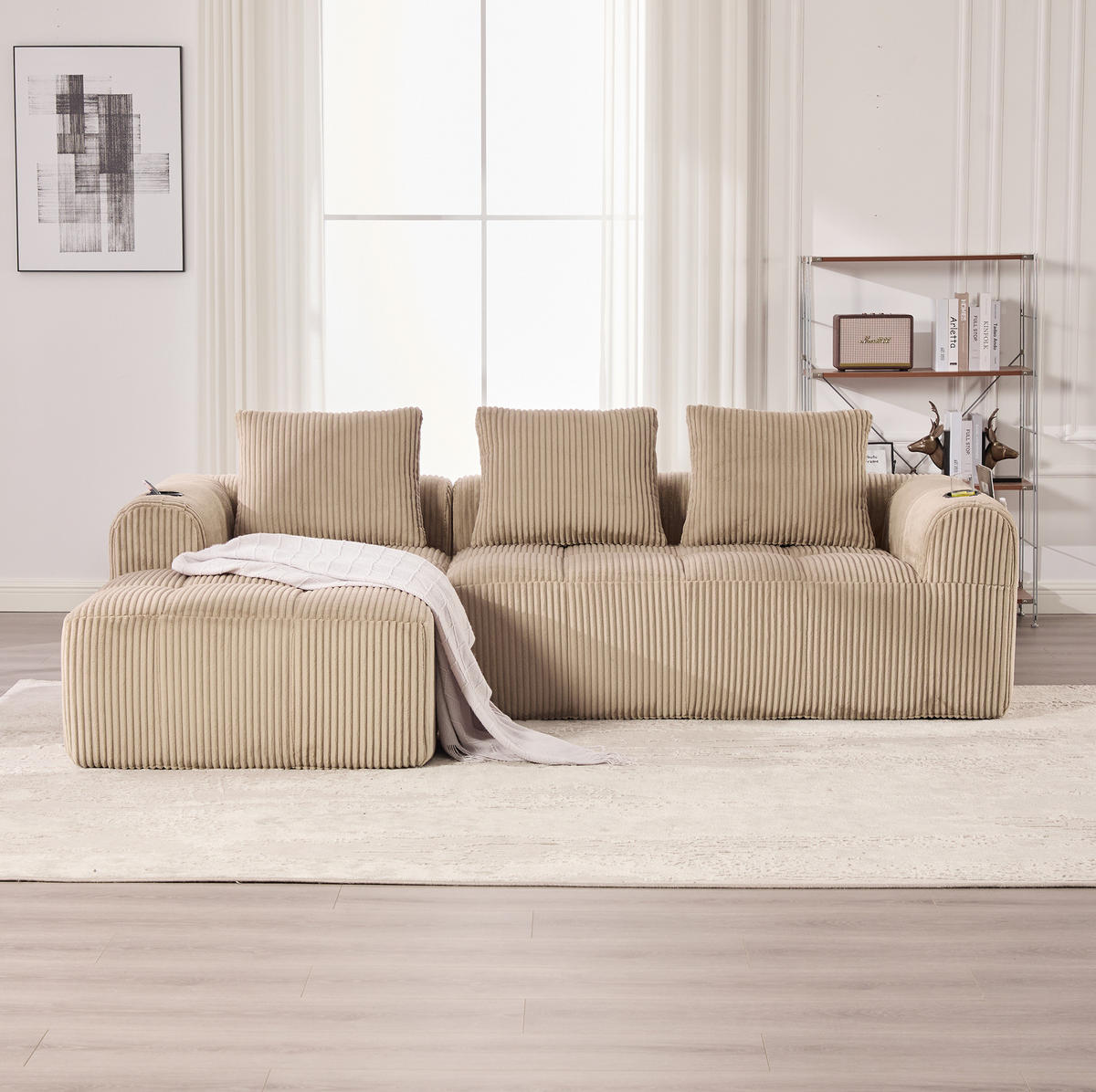 MODULÁRNÍ pohovka z manšestru 253x158x61 cm khaki s bočními kapsami, držáky na nápoje a 3 polštáři - béžová, textil (158/253cm) - Modfu