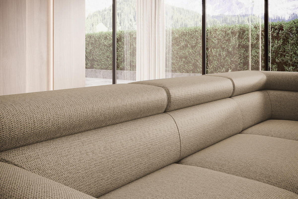 ECKSOFA Raven L mit Schlaffunktion und Bettkasten, Freistehend, Polstersofa mit Verstellbaren Kopfstützen, 257x198x96 cm – Rechte, Cappucino - Cappuccino, Holz/Textil (256/198cm) - DomoHome