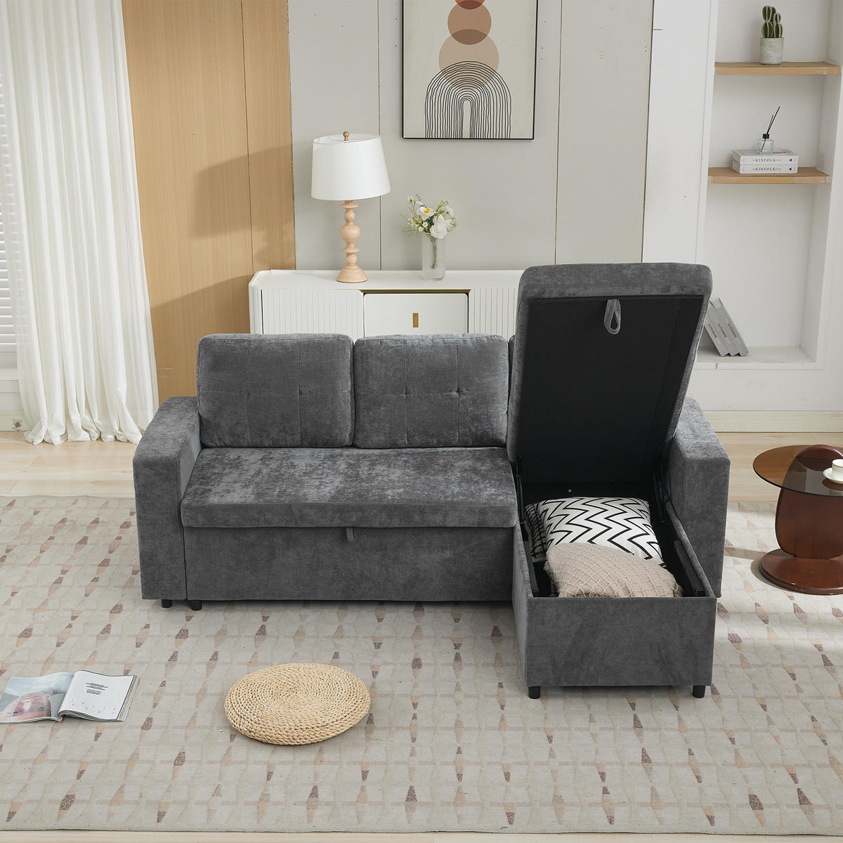 3-SITZER mit Stauraum, wechselbarer Chaiselongue und Chenille in Grau - Grau, Textil (202/85/136cm) - EVRYAE