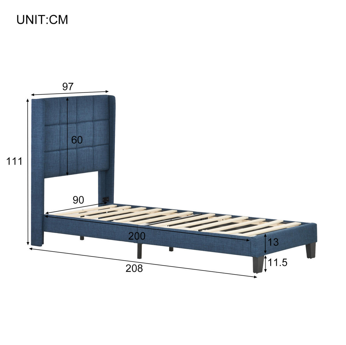 POLSTERBETT mit Federkernmatratze 90x200 cm Leinen Blau - Blau, Metall (90/200cm) - Meubliv
