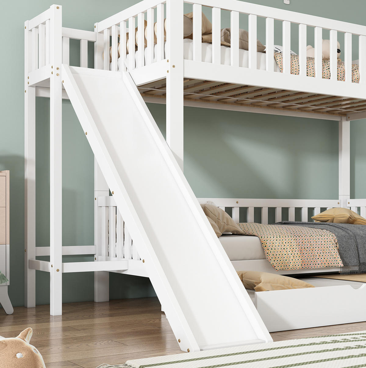 ETAGENBETT 90/200 cm mit Rollbett, Rutsche und Fallschutzgitter - Weiß, Holzwerkstoff (90/200cm) - OKMYHOME