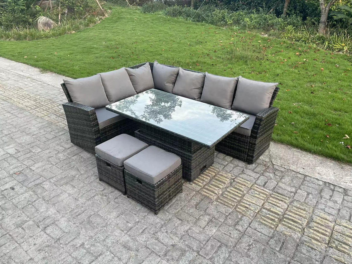 GARTENSOFA SET Polyrattan 8-Sitzer - Dunkelgrau/Grau, Glas/Kunststoff - Fimous
