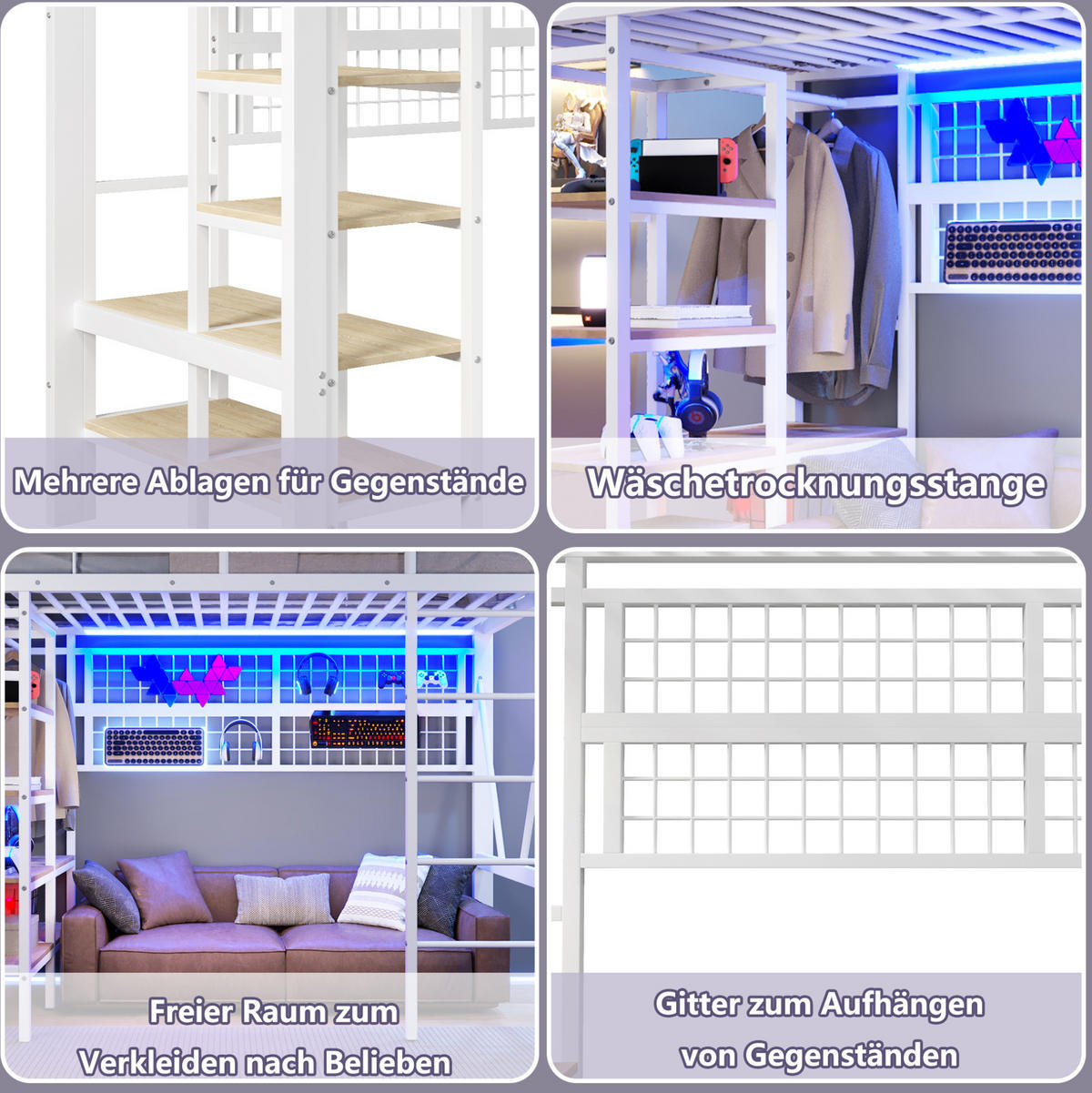 HOCHBETT 90/200 cm, Weiß mit LED-Lichtleiste und Ablagefach - Weiß, Metall (90/200cm) - MIVRAY