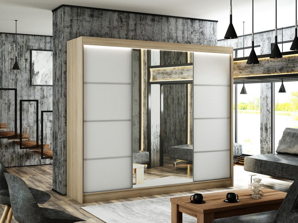 SCHIEBETÜRENSCHRANK RABI - Weiß/Sonoma Eiche, Holzwerkstoff (250/215/61cm) - Meblini