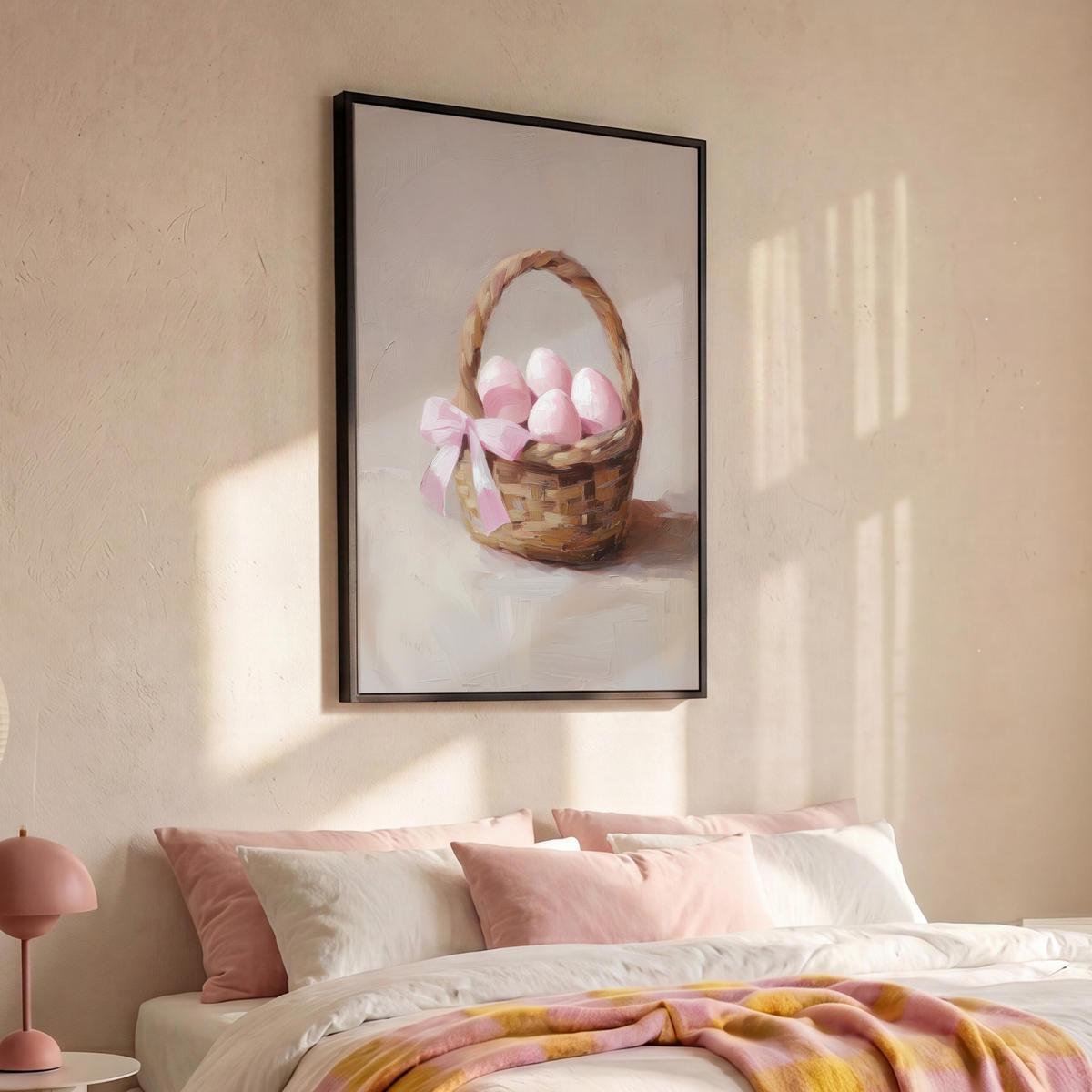 LEINWAND Bilder mit Rahmen - Korb - Eier - Rosa - 80x120 - Beige, Textil (80/120cm) - MuchoWow