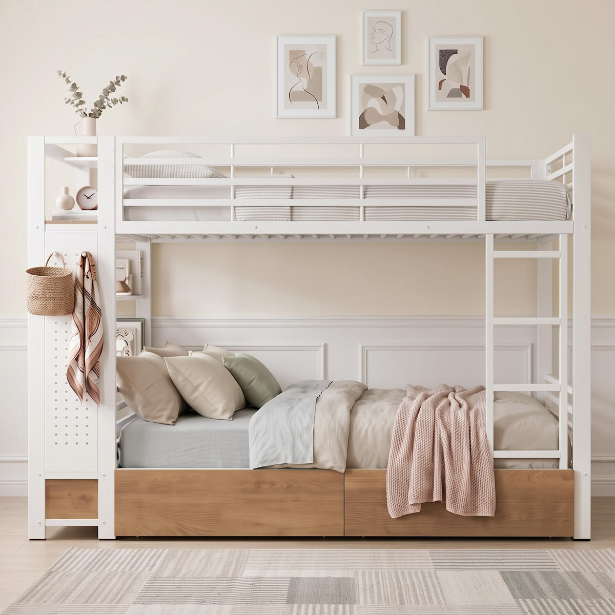 ETAGENBETT 90x200 Weiß Metall mit 4 Schubladen, LED & Kleiderstange - Weiß, Metall - Urban Meuble