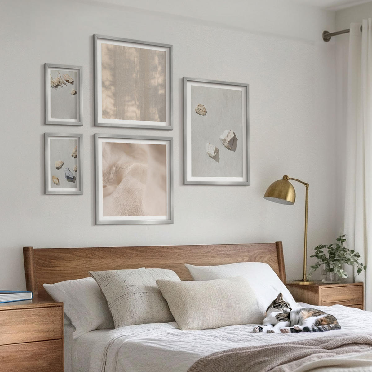 BILDER SET 5er Set - 50x50 cm & 20x30 cm & 40x60 cm Silberner Rahmen - Boho-Stranddekorationen aus Steinen - Silberfarben, Kunststoff (40/60cm) - TULUP