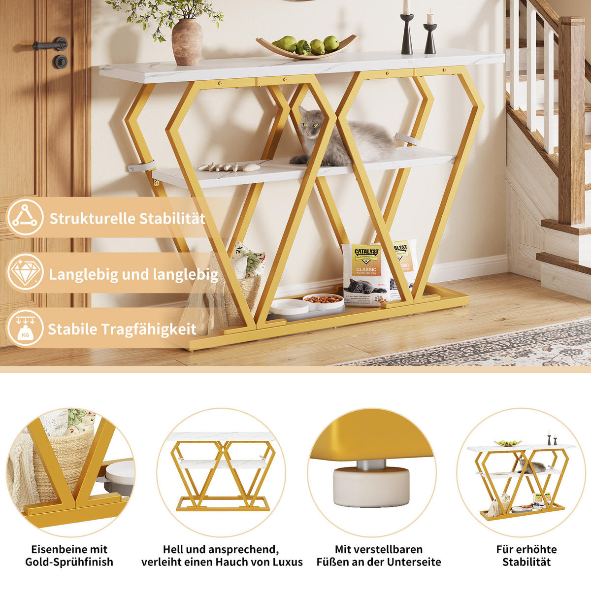 BEISTELLTISCH aus MDF und Metall 120x29,5x80 cm Weiß/Gold mit Ablage in Marmoroptik - Weiß, Holzwerkstoff (120/29.5/80cm) - Modfu