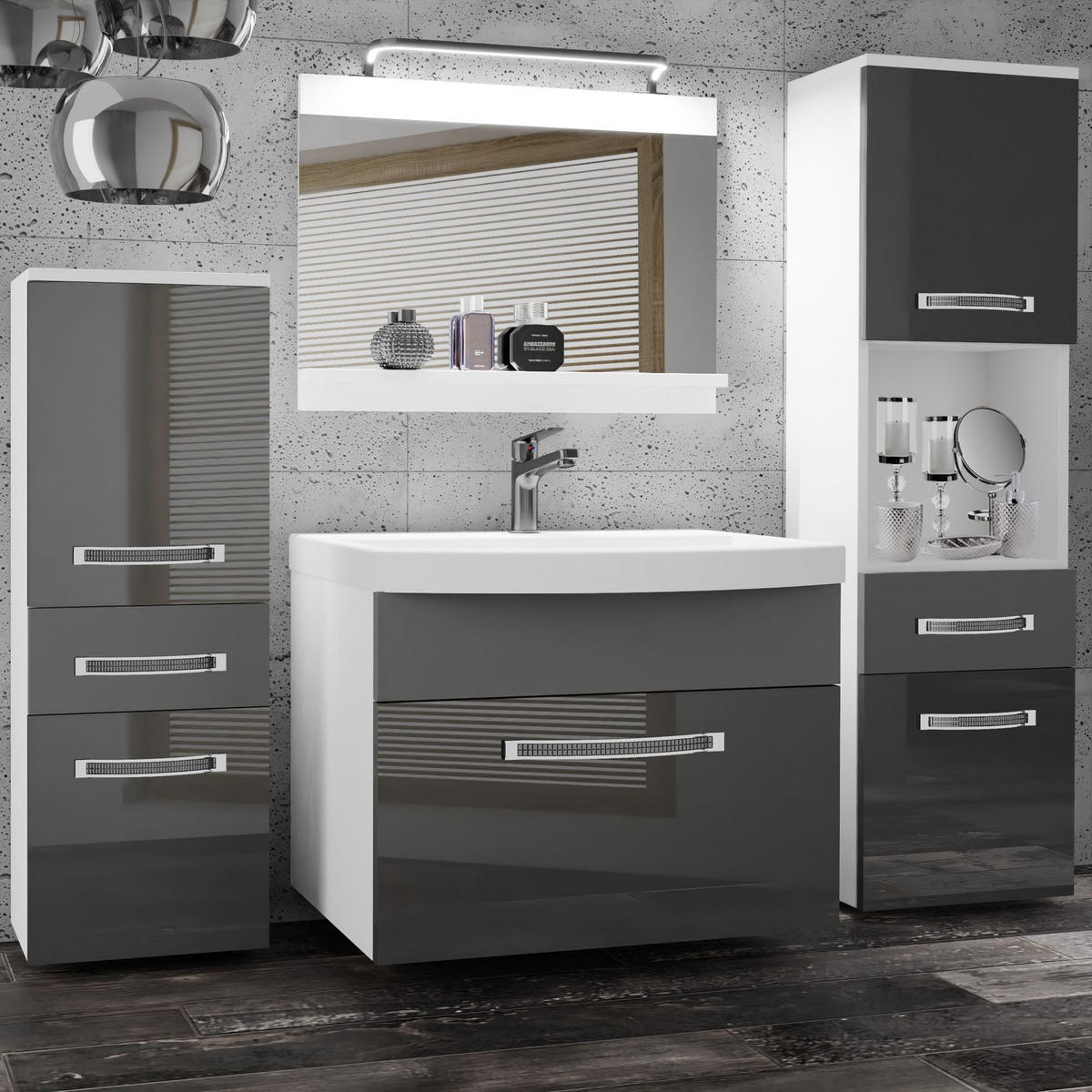 BADMÖBEL Badezimmer Grau Glänzend Matt - Silberfarben/Grau, Holz (140/113/40cm) - B BELINI GROUP