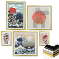 WANDBILDER 5er Set - 50x50 cm & 20x30 cm & 40x60 cm Goldrahmen - Illustrationen von Fischbergen, die sich in Japan ausbreiten - Goldfarben, Kunststoff (40/60cm) - ArtPrintCave