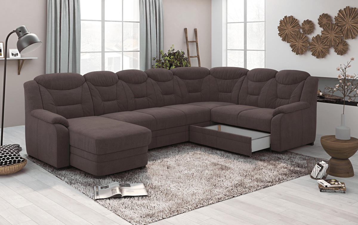 WOHNLANDSCHAFT mit Schlaffunktion und Bettkasten – weiches Chenille-Gewebe - Dunkelbraun/Schwarz, Holz/Kunststoff (211/99/330cm) - Cotta