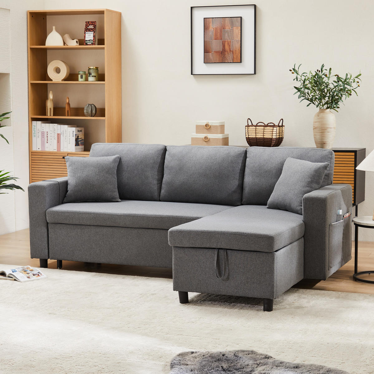 ECKSCHLAFSOFA Leinen mit Stauraum und Seitentaschen Dunkelgrau 219,5/142,5/83 cm - Dunkelgrau, Textil (83/142.5cm) - Redom