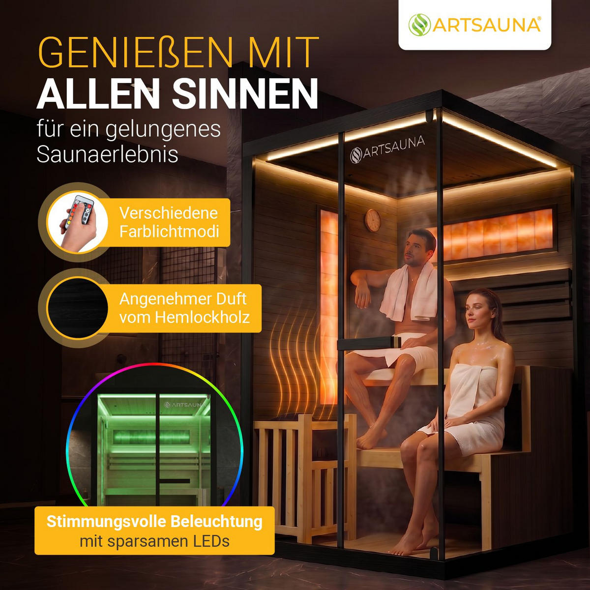 SAUNA Vantaa 120 x 120 cm mit 3,5 kW Saunaofen - Schwarz, Holz (120/200/120cm) - Artsauna