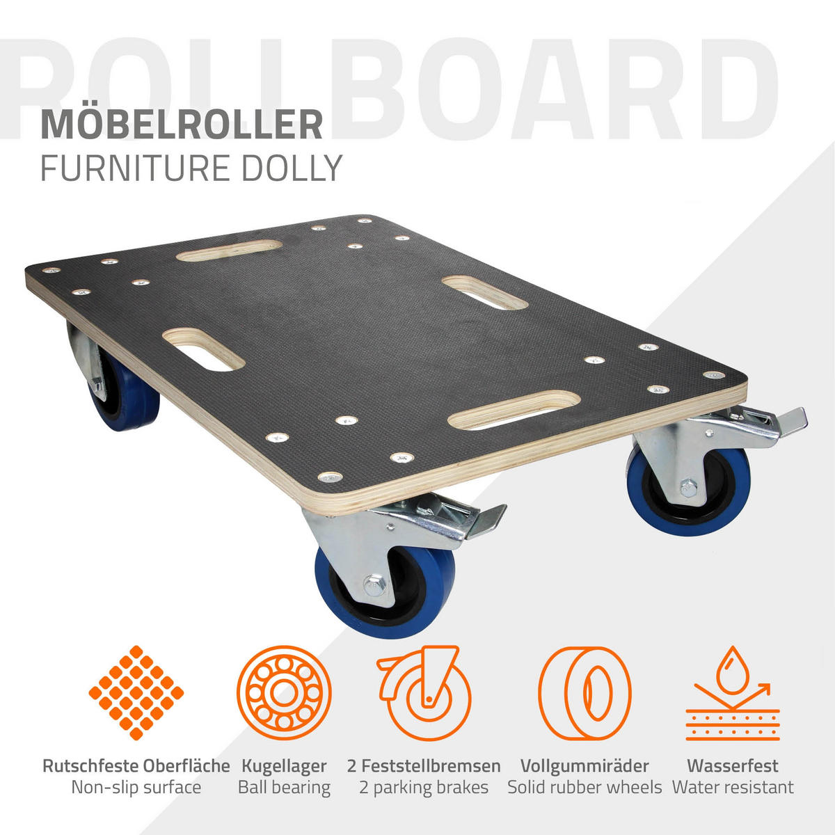 TRANSPORTROLLER 2er Set mit 4 Rollen 2 mit Bremsen 40x60 cm Traglast 800kg Siebdruck Holzplatte Black - Dunkelgrau, Holzwerkstoff (40/60/14.5cm) - ECD-Germany