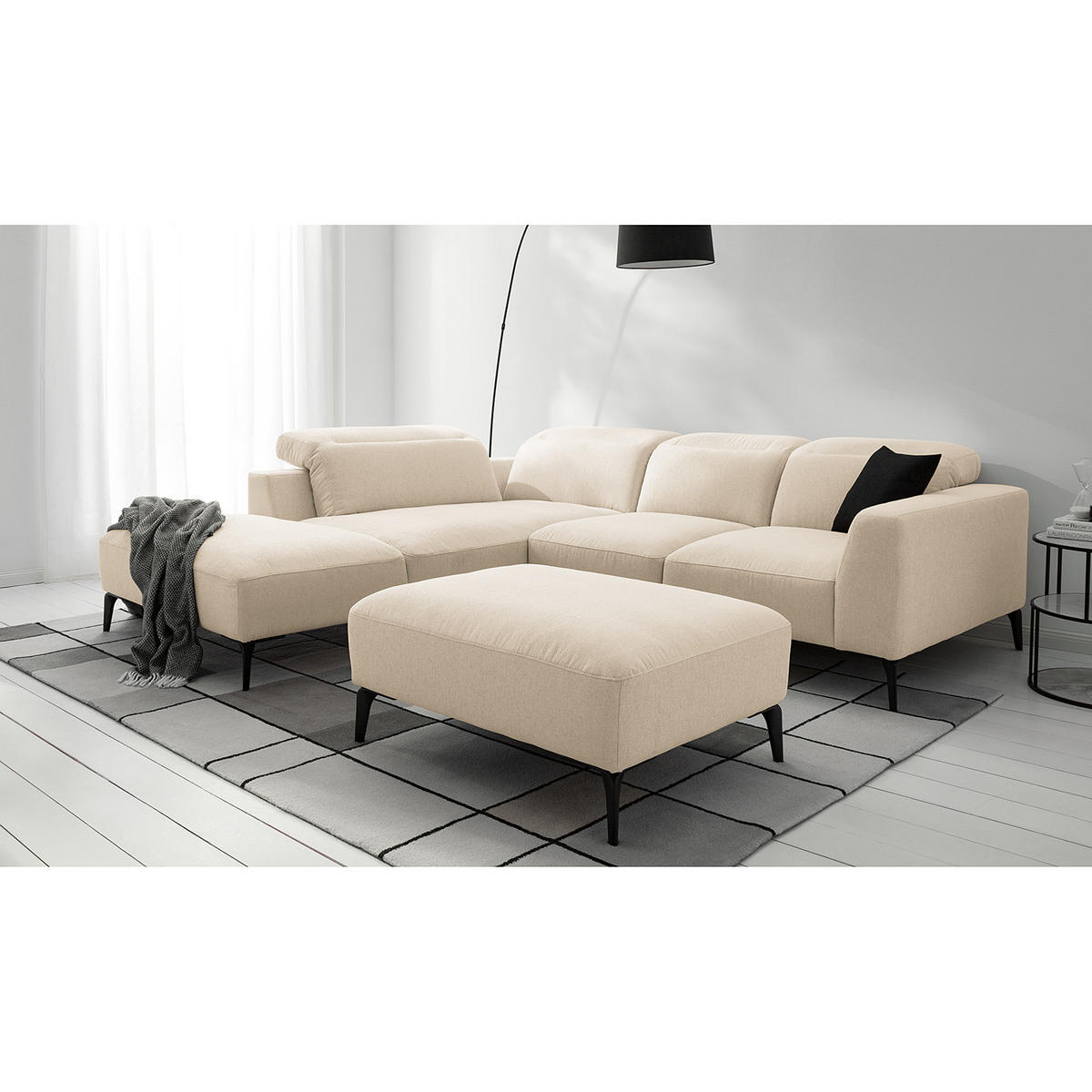 ECKSOFA mit Ottomane - Beige/Schwarz, Textil/Metall (263/238cm) - home24