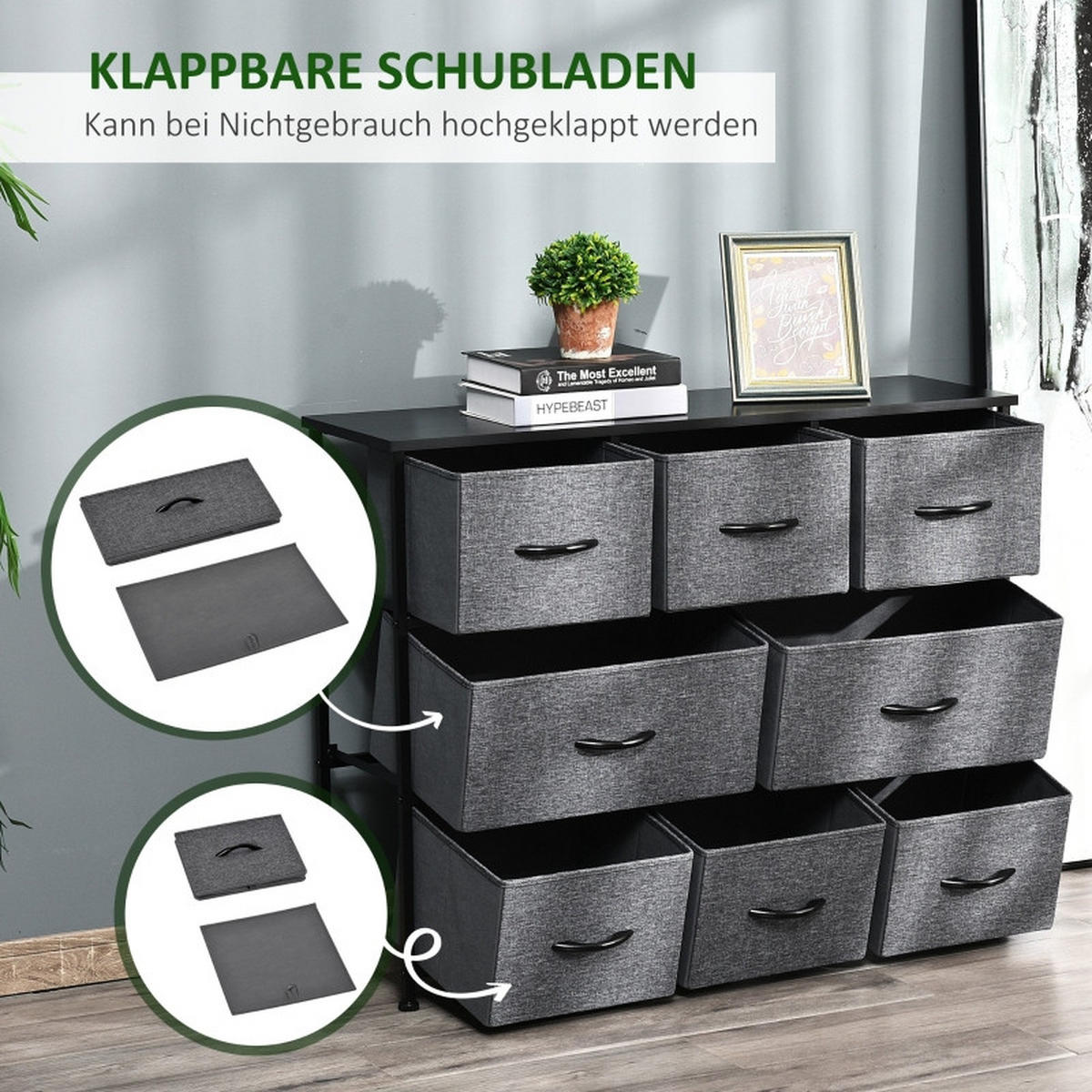 KOMMODE mit 8 Schubladen und verstellbaren Einlegeböden, 100 x 30 x 78,5 cm, Dunkelgrau, Polyester - Dunkelgrau, Textil (100/78.5/30cm) - SONNENH
