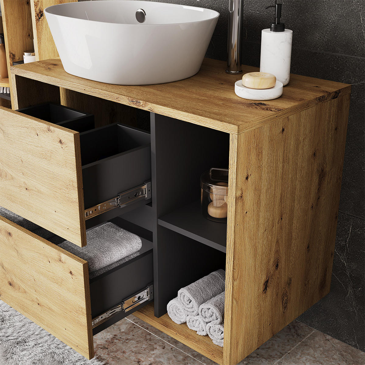 SADA KOUPELNOVÉHO NÁBYTKU Viola Artisan/šedá - šedá/světle šedá, kompozitní dřevo (80/60/46cm) - Vicco