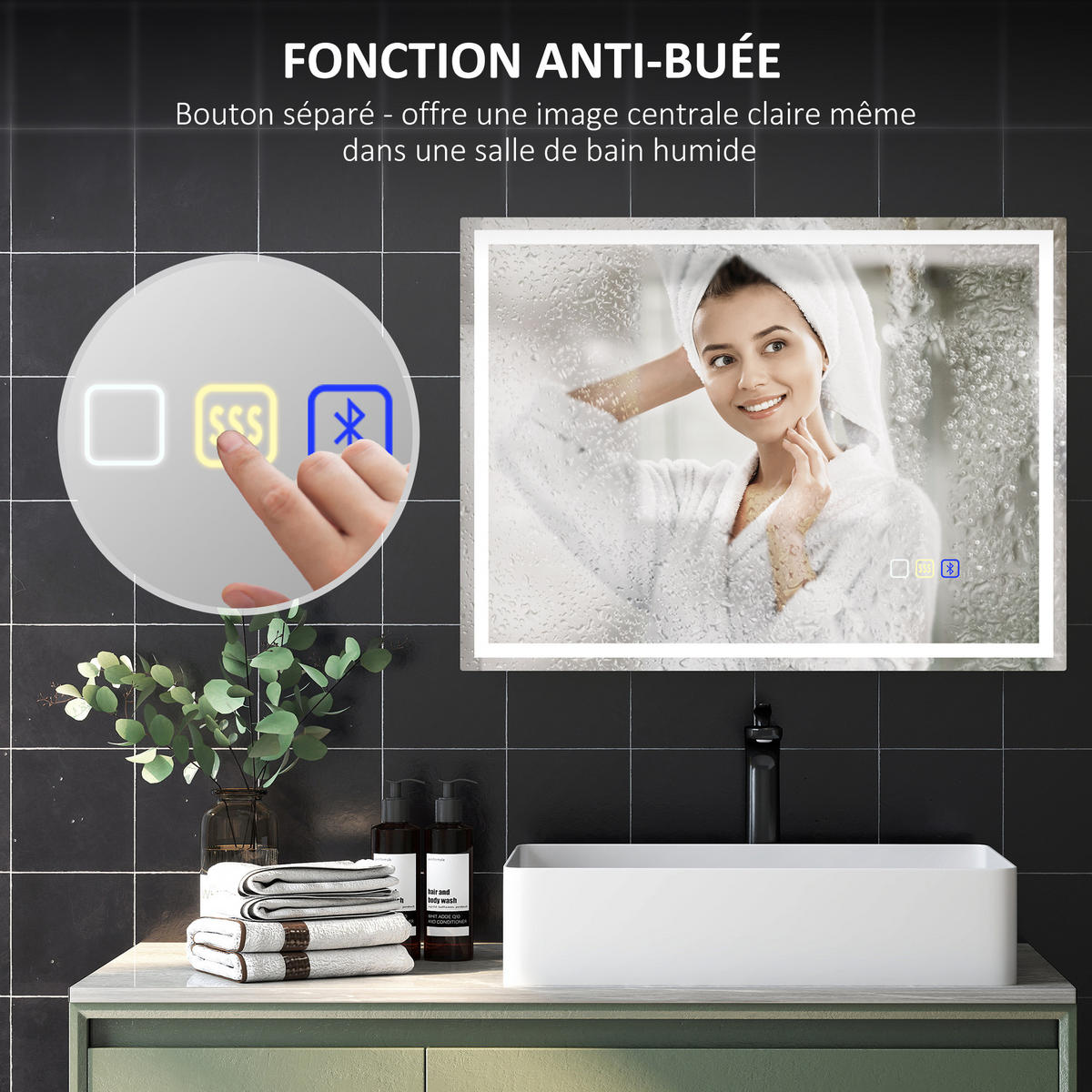 BADSPIEGEL -LEDmit Bluetooth, Touch-Schalter, Antibeschlag, 60 x 80 cm , silber - Silberfarben, Glas (80/60/3.5cm) - Vallsero