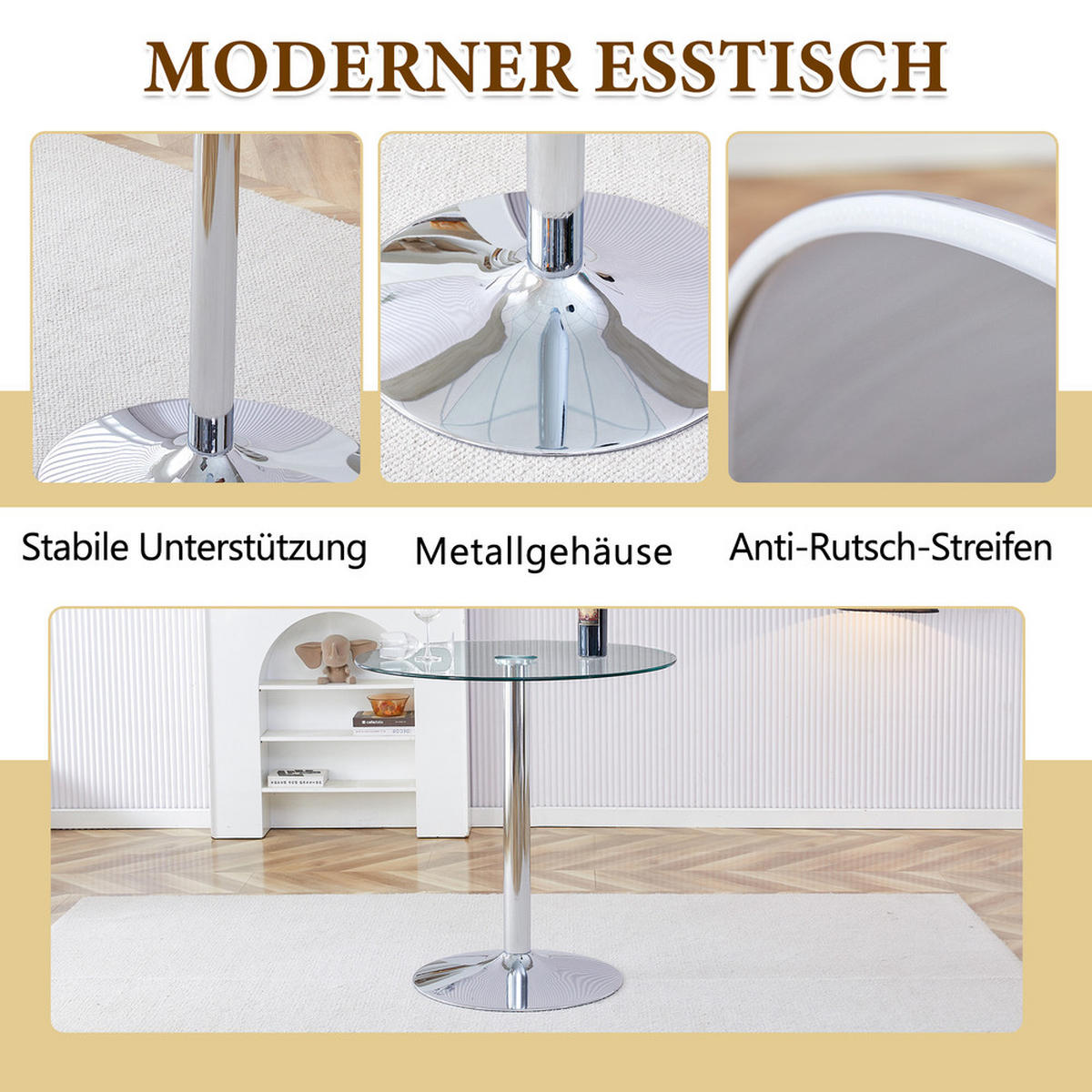 TISCHGRUPPE 3-tlg Glastisch 89 cm mit 2 Hocker Silber Höhenverstellbar - Silberfarben, Glas/Metall (49.5/50/51cm) - Raelunyi