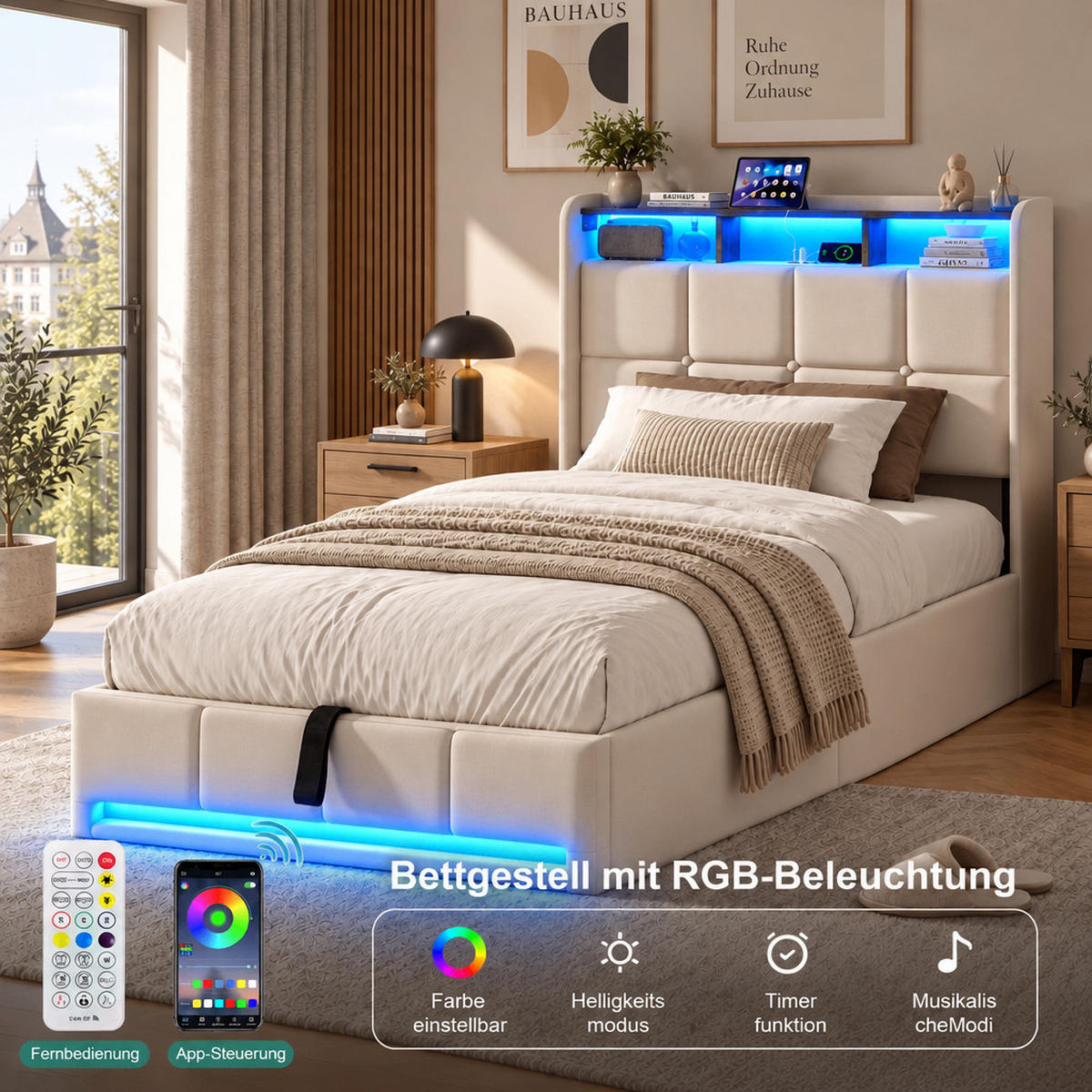 POLSTERBETT 90/200 cm，LED Bett Beige mit Stauraum & USB,Lattenrost,Leinen - Beige/Naturfarben, Holz/Textil (90/200cm) - FURNISHINGS HOME