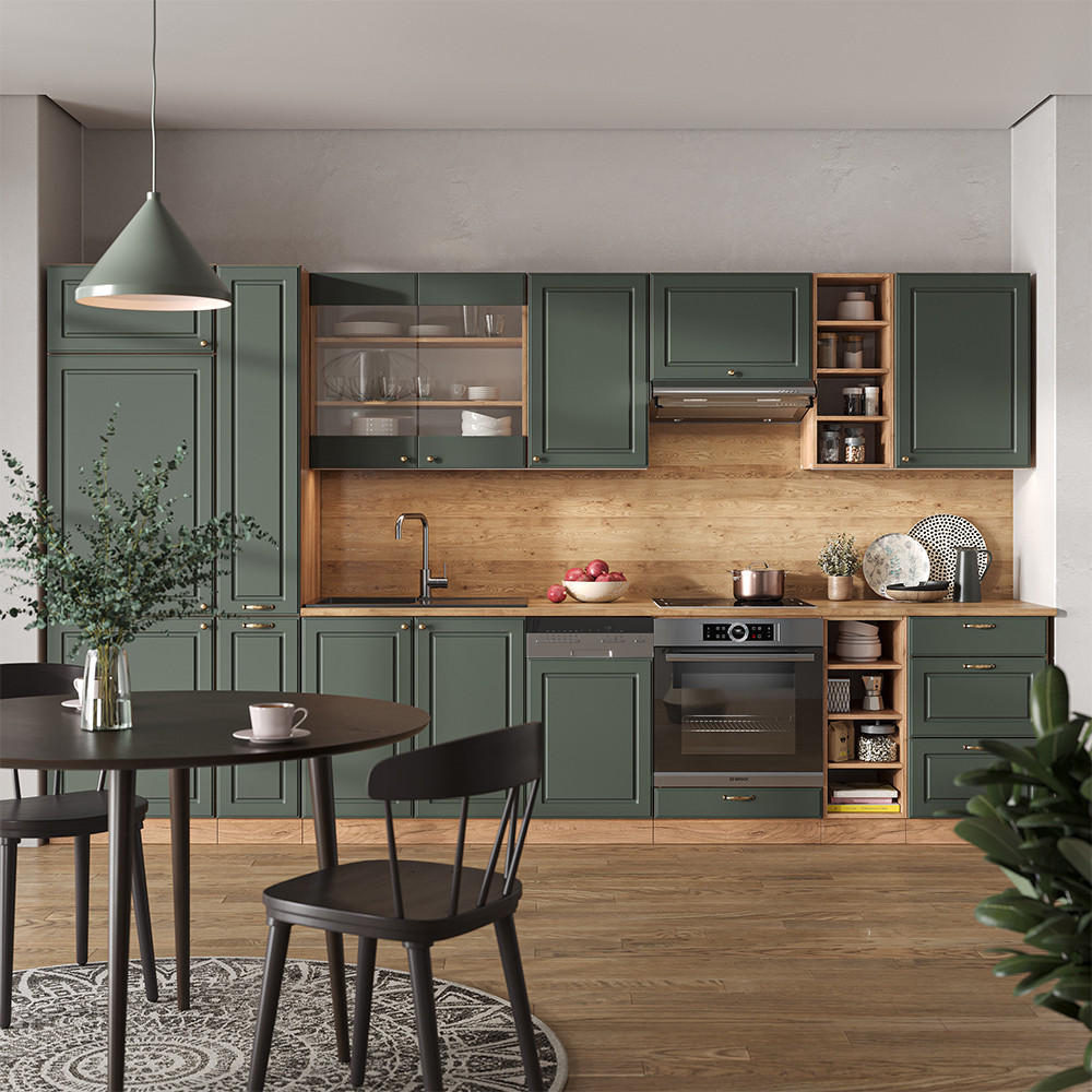 KÜCHENZEILE Fame-Line Grün-Gold Landhaus/Goldkraft Eiche 355 cm AP Anthrazit - Honigeiche/Grün, Holzwerkstoff (355/81.6/60cm) - Vicco